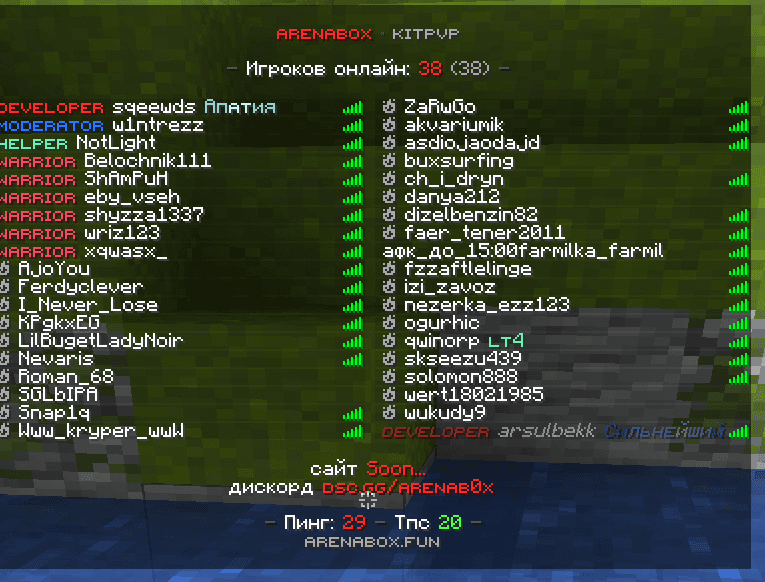 Скриншот сервера Minecraft arenabox.fun